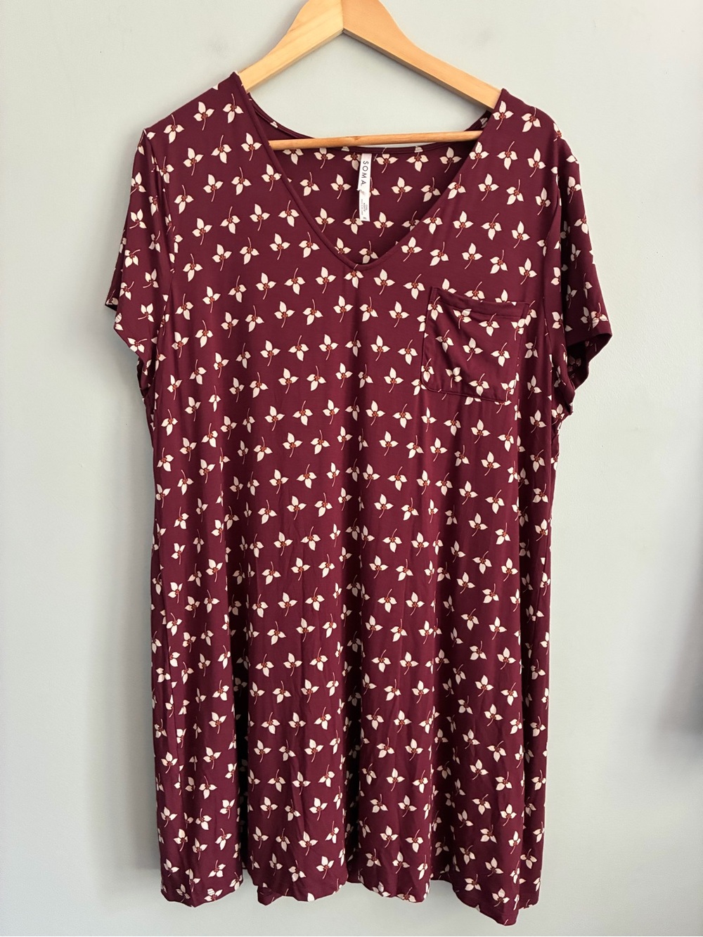 SOMA Maroon Floral V-Neck Pocket Tee Nightgown Size XL
